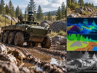 KI-generierte Darstellung eines unbemannten Geländefahrzeugs auf einem schlammigen Waldweg. Daneben zeigen vier Bildausschnitte dieselbe Geländeumgebung als Kamerabild, LiDAR-Punktwolke, semantische Segmentierung und Infrarotaufnahme.