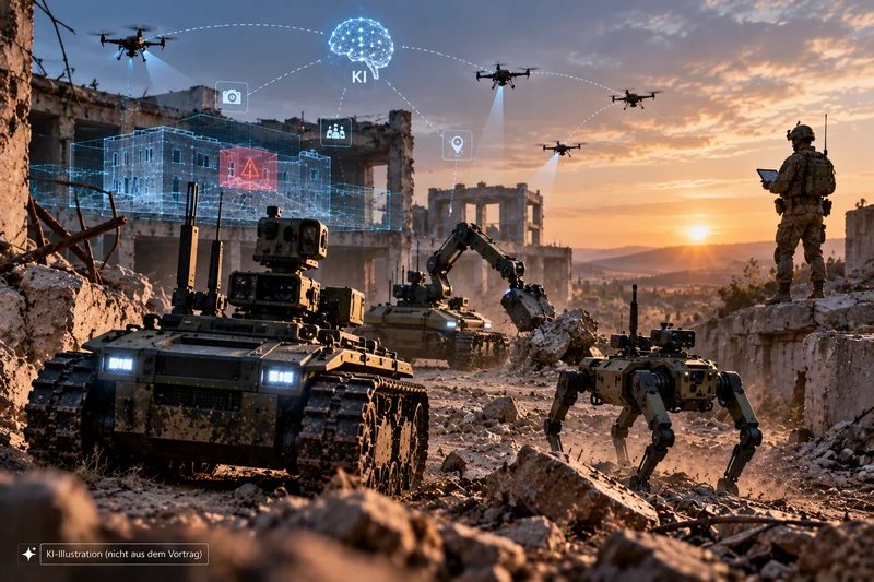 Physical AI – KI-gestützte militärische Robotik Autonome Bodenroboter mit Kettenfahrwerk und vier Beinen in einem zerstörten Gelände, rechts im Hintergrund ein Soldat mit Tablet