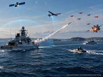 KI-generierte Illustration einer vernetzten Marineflotte mit Kriegsschiffen, Flugzeugen, Drohnen und Satelliten. Datenverbindungen verdeutlichen das Zusammenspiel von Sensoren und Waffensystemen.