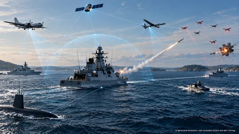 Vernetzte maritime Wirkung – Sensoren und Effektoren im Zusammenspiel KI-generierte Illustration einer vernetzten Marineflotte mit Kriegsschiffen, Flugzeugen, Drohnen und Satelliten. Datenverbindungen verdeutlichen das Zusammenspiel von Sensoren und Waffensystemen.