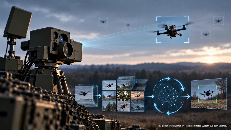 Lernfähige Drohnenabwehr durch Künstliche Intelligenz Militärisches Sensorsystem erfasst eine FPV-Drohne am Himmel. Digitale Darstellungen von Trainingsbildern und einem neuronalen Netz veranschaulichen einen KI-gestützten Lernprozess.