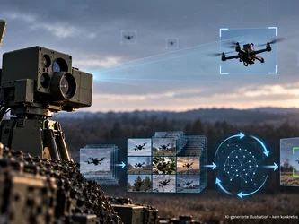 Militärisches Sensorsystem erfasst eine FPV-Drohne am Himmel. Digitale Darstellungen von Trainingsbildern und einem neuronalen Netz veranschaulichen einen KI-gestützten Lernprozess.