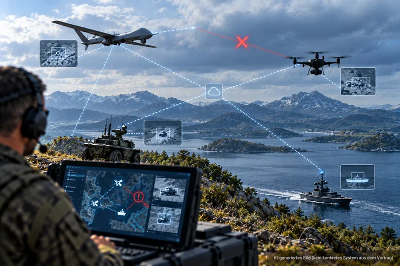 Autonome Systeme sicher vernetzen – Interoperabilität und Systemarchitektur Ein Operator überwacht an einem mobilen Bildschirm mehrere unbemannte Luft-, Land- und Wasserfahrzeuge. Grafische Verbindungslinien zeigen die Vernetzung der Systeme und eine unterbrochene Kommunikationsverbindung.