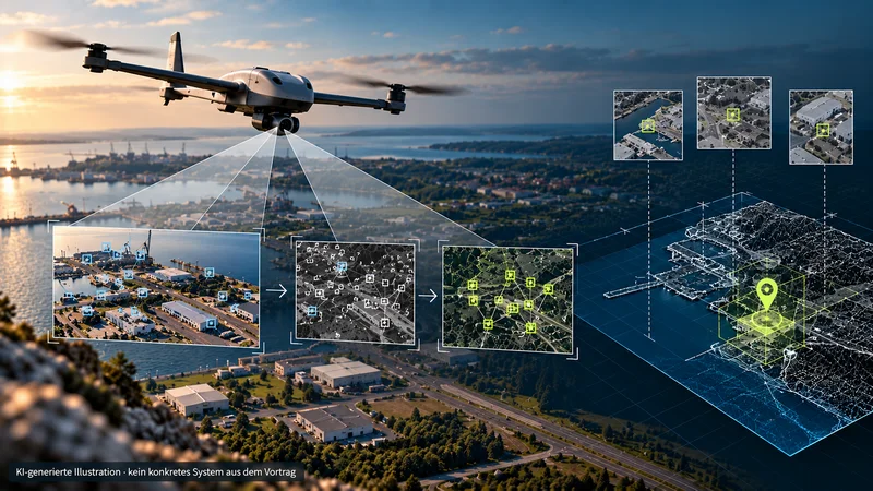 KI-generierte Illustration eines unbemannten Luftfahrzeugs bei der visuellen Selbstlokalisierung durch den Abgleich von Kameradaten mit Gelände- und Karteninformationen