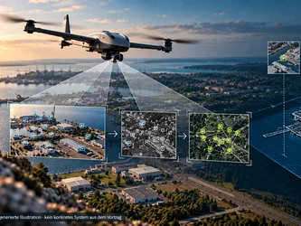 Visuelle Selbstlokalisierung unbemannter Luftfahrzeuge ohne GNSS KI-generierte Illustration eines unbemannten Luftfahrzeugs bei der visuellen Selbstlokalisierung durch den Abgleich von Kameradaten mit Gelände- und Karteninformationen