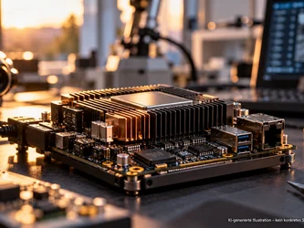 KI am Edge – leistungsfähige Modelle auf kompakten Rechenmodulen Nahaufnahme einer kompakten Computerplatine mit Prozessor, Kühlkörper und Anschlüssen auf einer Laborwerkbank. Im Hintergrund sind unscharf weitere technische Geräte zu sehen.