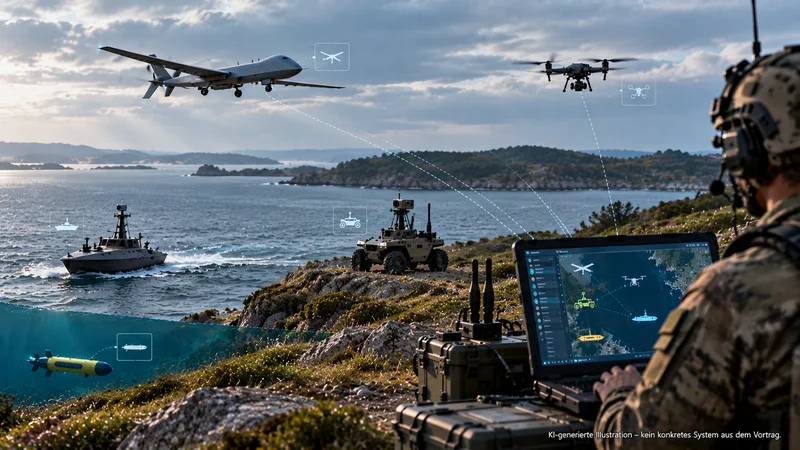 GAVI – gemeinsame Schnittstelle für unbemannte Systeme Militärische Bedienperson mit Laptop an einer Küste. Im Hintergrund sind eine große Flugdrohne, ein Quadrocopter, ein unbemanntes Landfahrzeug und ein unbemanntes Boot zu sehen. Dezente digitale Verbindungslinien verdeutlichen die Vernetzung der Systeme.