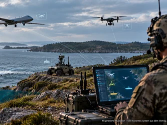 GAVI – gemeinsame Schnittstelle für unbemannte Systeme Militärische Bedienperson mit Laptop an einer Küste. Im Hintergrund sind eine große Flugdrohne, ein Quadrocopter, ein unbemanntes Landfahrzeug und ein unbemanntes Boot zu sehen. Dezente digitale Verbindungslinien verdeutlichen die Vernetzung der Systeme.