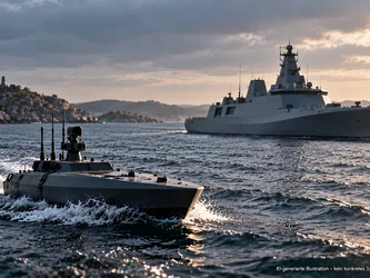 Autonome Marinesysteme – offene und skalierbare Softwarearchitekturen Kleines unbemanntes Überwasserfahrzeug auf bewegter See. Im Hintergrund fährt ein deutlich größeres graues Marineschiff vor einer felsigen Küste.