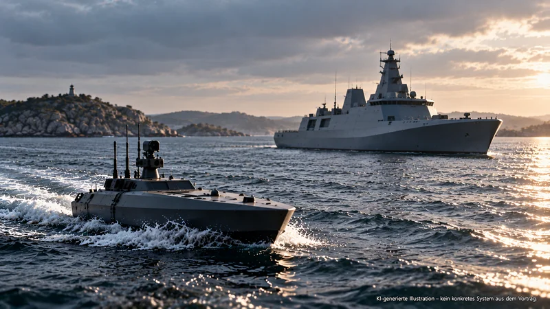 Autonome Marinesysteme – offene und skalierbare Softwarearchitekturen Kleines unbemanntes Überwasserfahrzeug auf bewegter See. Im Hintergrund fährt ein deutlich größeres graues Marineschiff vor einer felsigen Küste.