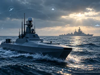 Autonome maritime Systeme – KI-generierte Illustration Fiktives unbemanntes Überwasserfahrzeug auf See, im Hintergrund ein Marineschiff. KI-generierte Illustration.