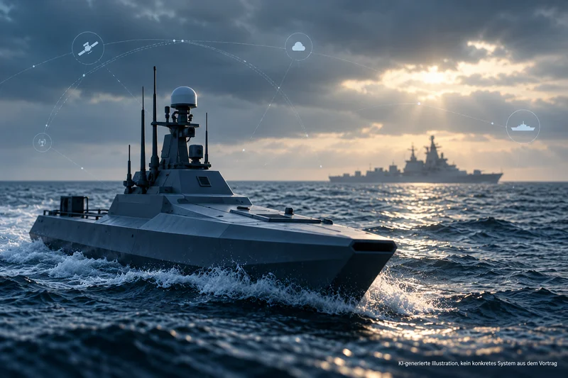 Fiktives unbemanntes Überwasserfahrzeug auf See, im Hintergrund ein Marineschiff. KI-generierte Illustration.
