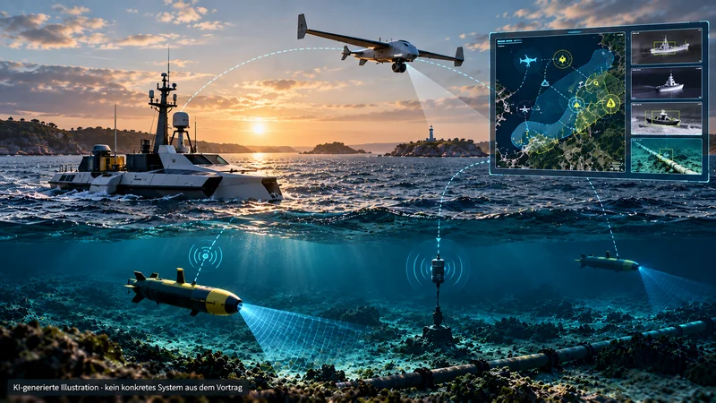 KI-generierte Illustration eines maritimen Überwachungssystems mit Drohne, unbemanntem Überwasserfahrzeug und Unterwassersensoren. Die Systeme sind über Datenverbindungen vernetzt und liefern Informationen für ein gemeinsames Lagebild.