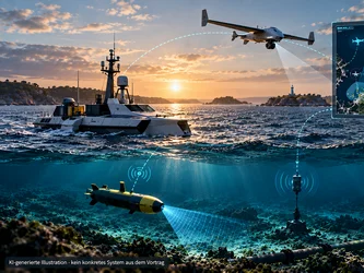 KI-generierte Illustration eines maritimen Überwachungssystems mit Drohne, unbemanntem Überwasserfahrzeug und Unterwassersensoren. Die Systeme sind über Datenverbindungen vernetzt und liefern Informationen für ein gemeinsames Lagebild.