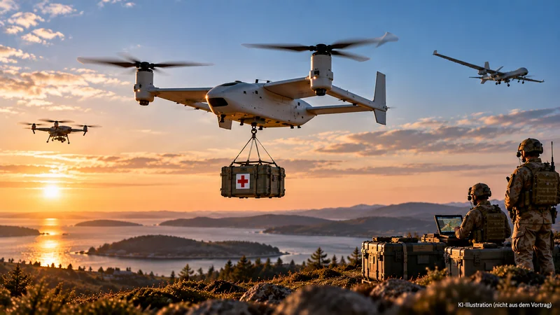 Mittlere unbemannte Luftfahrzeuge für militärische Logistik Mittlere Transportdrohne mit medizinischem Versorgungscontainer über einer Küstenlandschaft, rechts zwei Soldaten an einer Kontrollstation
