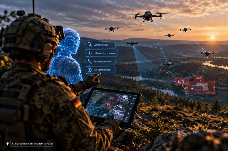 KI-Kamerad zur intuitiven Führung eines Drohnenschwarms Soldat im Gelände mit Tablet, virtuellem KI-Assistenten und einem vernetzten Drohnenschwarm am Himmel