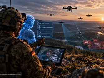 Soldat im Gelände mit Tablet, virtuellem KI-Assistenten und einem vernetzten Drohnenschwarm am Himmel