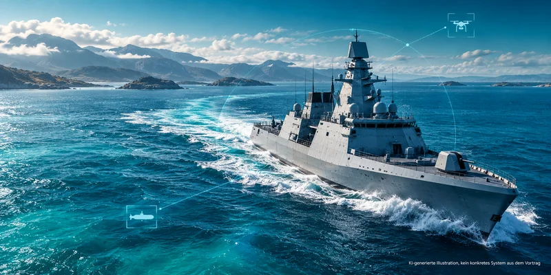 Kriegsschiff der Zukunft – vernetzte hybride Flotte KI-generierte Illustration eines modernen Marineschiffs auf türkisblauem Meer mit digitalen Verbindungslinien zu unbemannten Systemen.