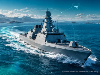 KI-generierte Illustration eines modernen Marineschiffs auf türkisblauem Meer mit digitalen Verbindungslinien zu unbemannten Systemen.
