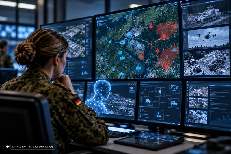 Mensch-KI-Zusammenarbeit in militärischen Entscheidungssystemen Soldatin an einem digitalen Lagebildschirm mit KI-gestützter Entscheidungsunterstützung und militärischen Sensordaten
