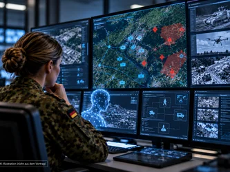 Soldatin an einem digitalen Lagebildschirm mit KI-gestützter Entscheidungsunterstützung und militärischen Sensordaten