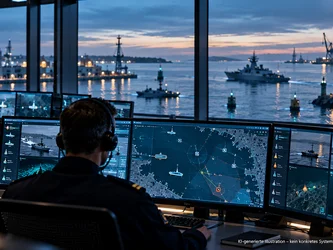 Das maritime Gehirn – vernetzte Einsatzführung durch KI Blick in eine maritime Operationszentrale. Mehrere Personen überwachen an Bildschirmen ein digitales Lagebild mit Schiffen, Sensordaten und Hafeninformationen. Durch große Fenster ist ein Hafen zu sehen.