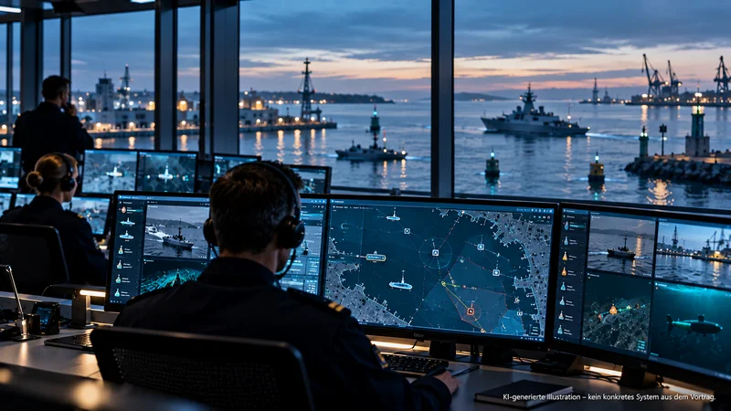 Blick in eine maritime Operationszentrale. Mehrere Personen überwachen an Bildschirmen ein digitales Lagebild mit Schiffen, Sensordaten und Hafeninformationen. Durch große Fenster ist ein Hafen zu sehen.