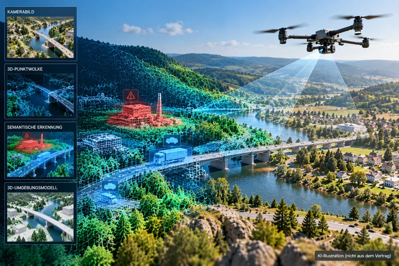Illustration einer Drohne über einer Flusslandschaft mit Brücke. Teile der Umgebung werden als digitales 3D-Modell mit Punktwolken und erkannten Objekten dargestellt.