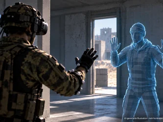 oldat mit VR-Brille steht in einer simulierten Trainingsumgebung einer blau dargestellten digitalen Person gegenüber, die beide Hände hebt.