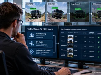 Ein Mitarbeiter prüft an mehreren Monitoren die Bilderkennung eines KI-Systems. Ein Lastwagen wird in unterschiedlichen Bildvarianten dargestellt, darunter gedreht, abgedunkelt und mit Bildrauschen. Weitere Anzeigen zeigen Testergebnisse und eine Risikomatrix.