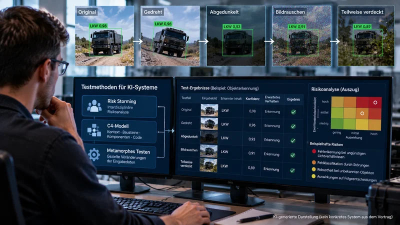 KI zuverlässig testen – Risikoanalyse und metamorphes Testen Ein Mitarbeiter prüft an mehreren Monitoren die Bilderkennung eines KI-Systems. Ein Lastwagen wird in unterschiedlichen Bildvarianten dargestellt, darunter gedreht, abgedunkelt und mit Bildrauschen. Weitere Anzeigen zeigen Testergebnisse und eine Risikomatrix.